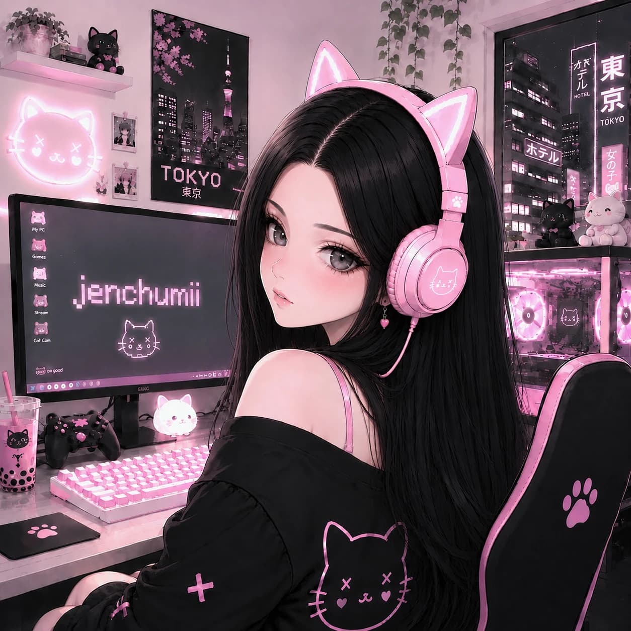 jenchumii at her pink and black gaming setup