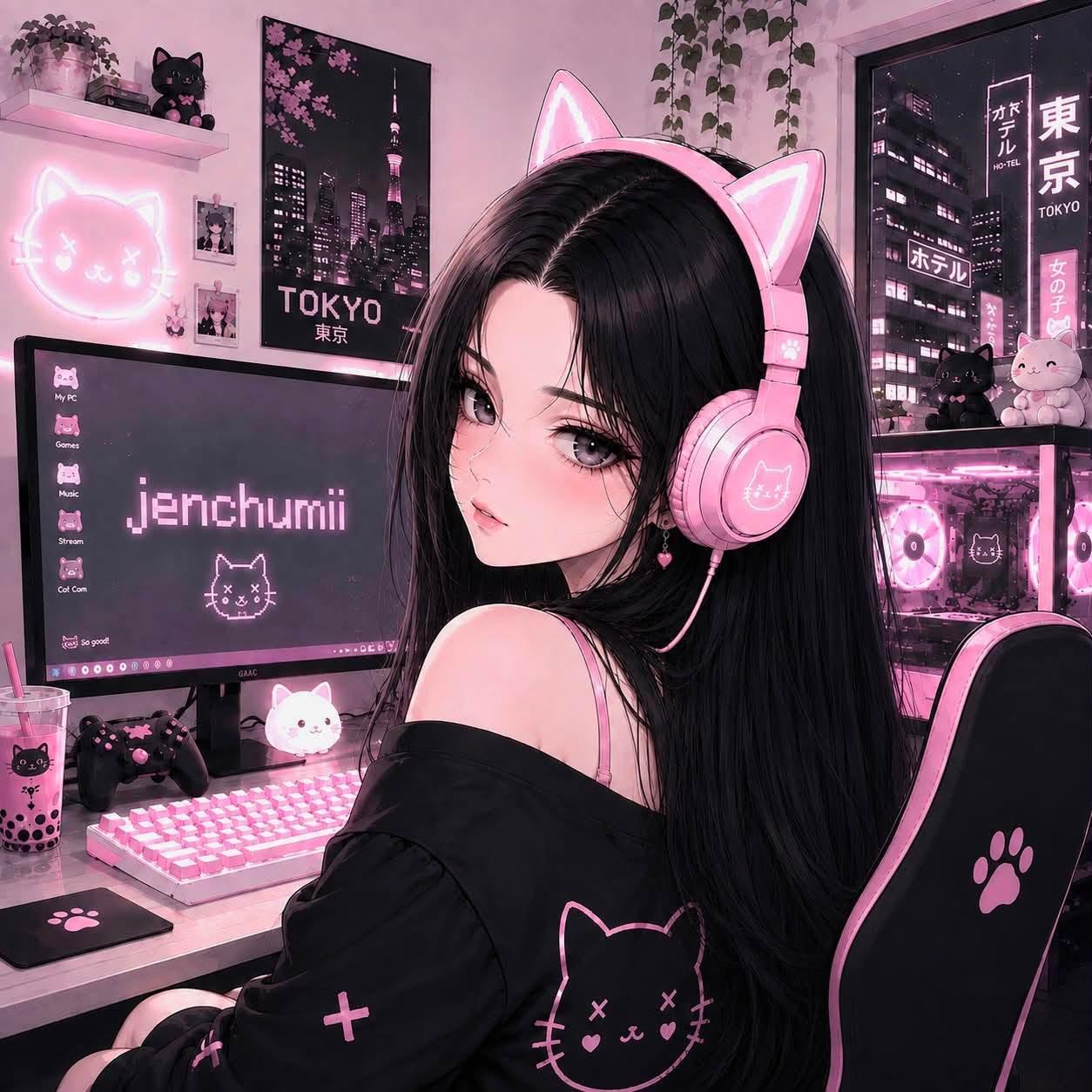 Jenchumii's anime-style avatar at her pink and black gaming setup